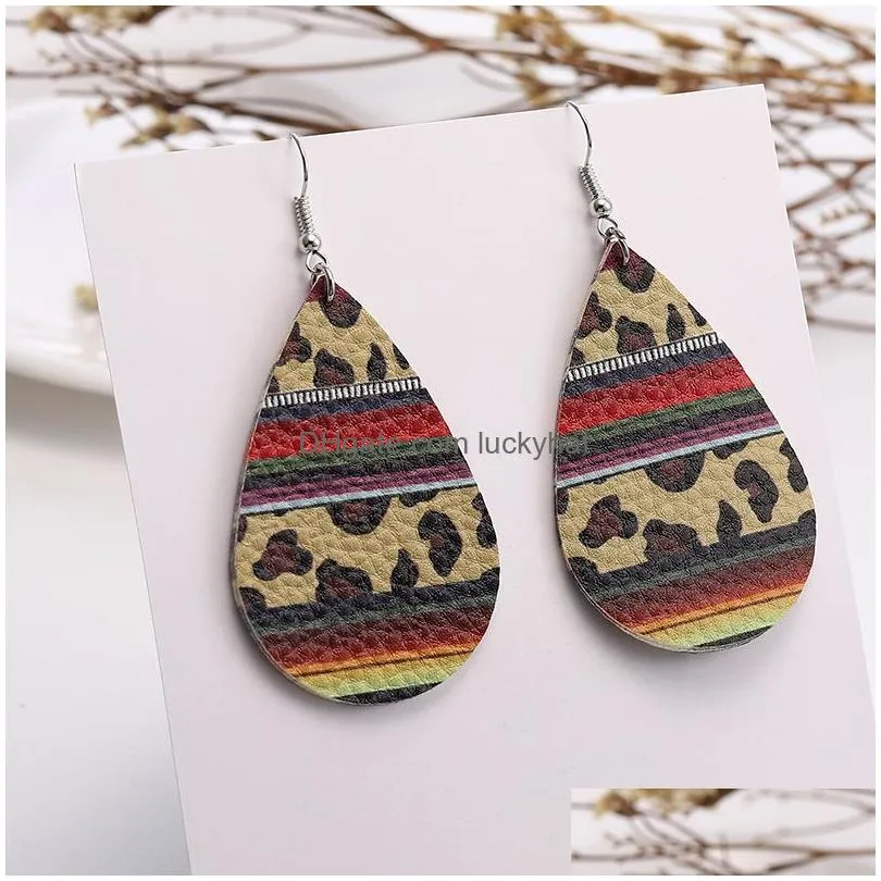 bohemian ethnic pu leather earring for women fashion teardrop leopard print pattern leather water drop hook earrings jewelry gift