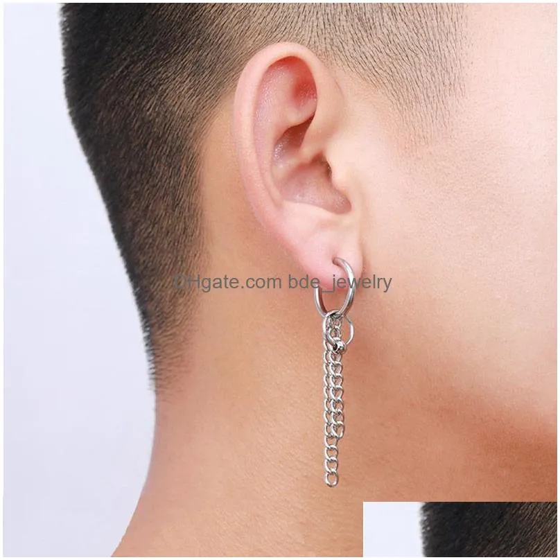 1pc feather tassel single earring long stainless steel chain tassel drop dangle ear clip cuff for men women girls punk style jewelry