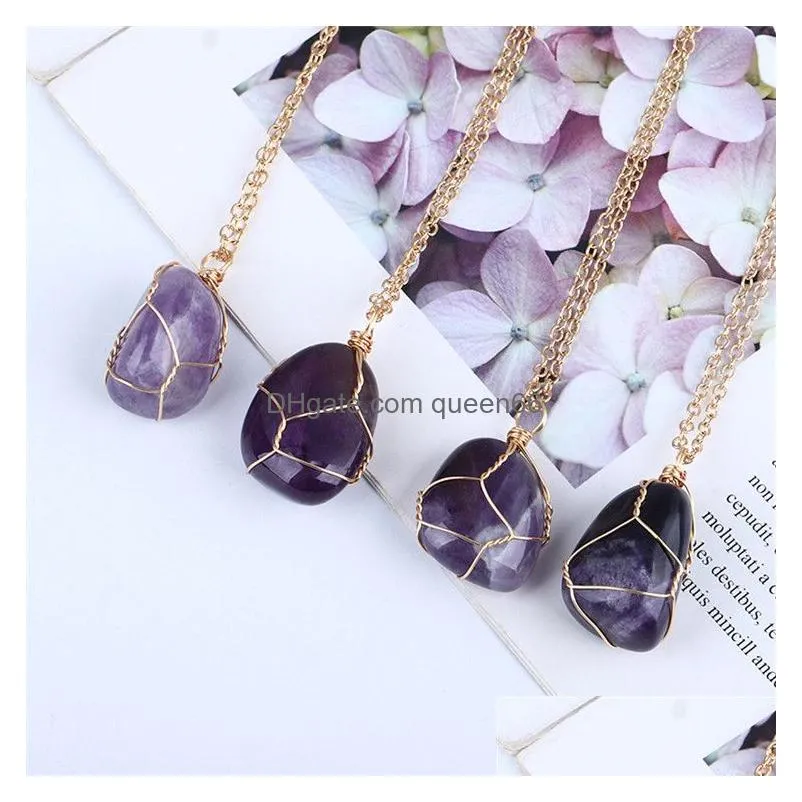 natural raw stone pendant necklace irregular amethyst tiger eye hand wound wire necklaces