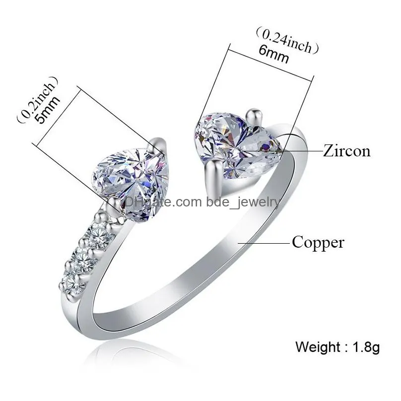 fashion double heart full open ring zircon love adjustable opening rings wedding ring for womens lady jewelry high quality brand