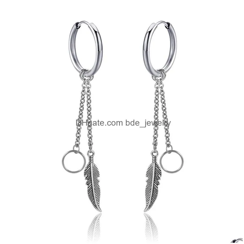 1pc feather tassel single earring long stainless steel chain tassel drop dangle ear clip cuff for men women girls punk style jewelry