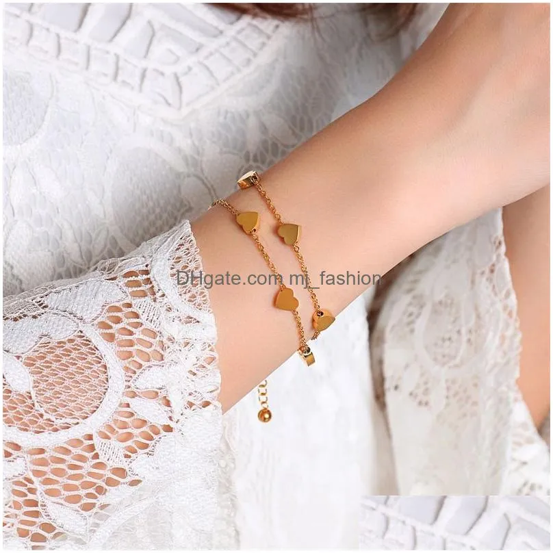 new simple design stainless steel charm bracelet 2 layers rose gold link chain mini hearts lover bracelet fashion sweety style for