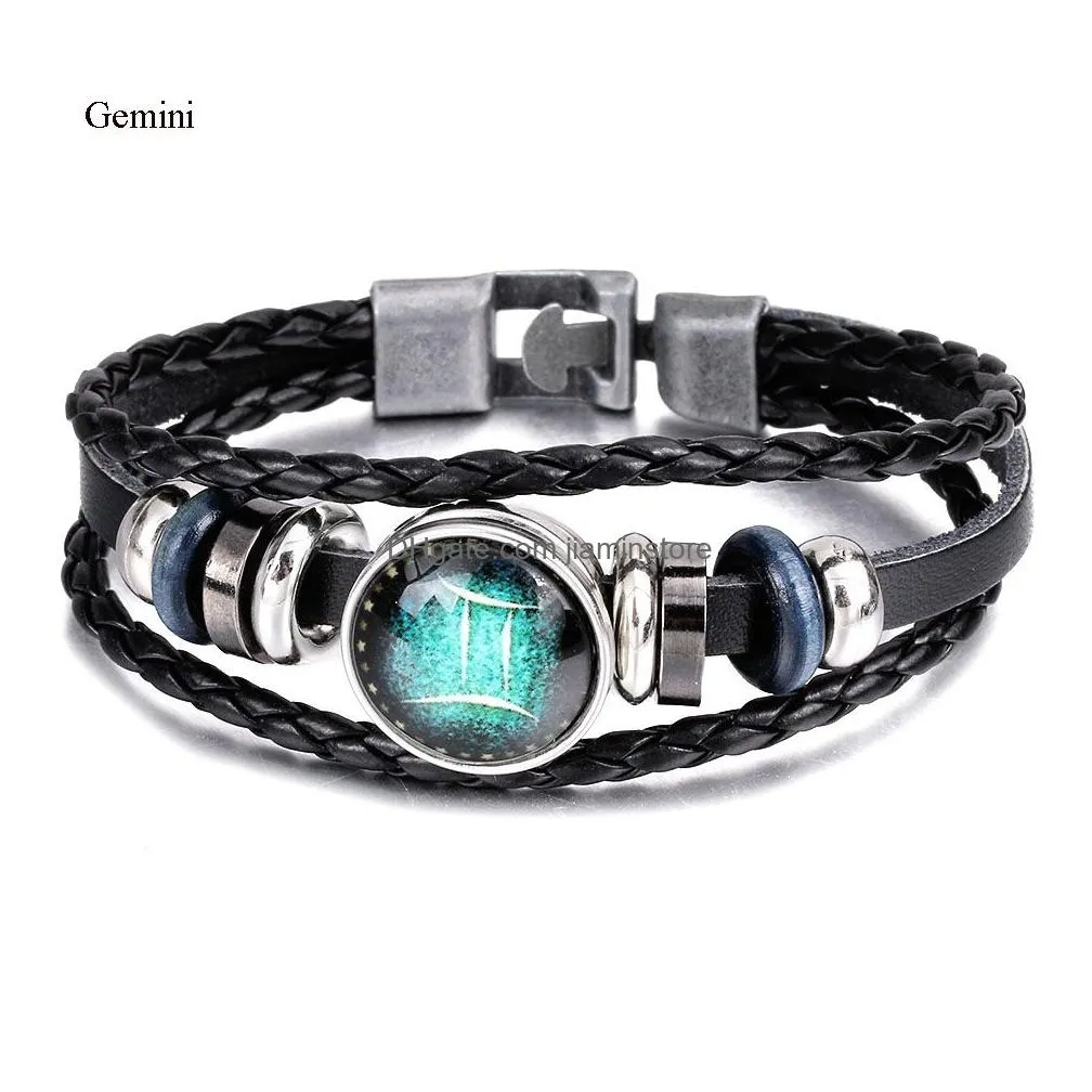 12 constellation bracelet 2018 new fashion jewelry braided leather bracelet bangles men casual personality zodiac signs wholesale