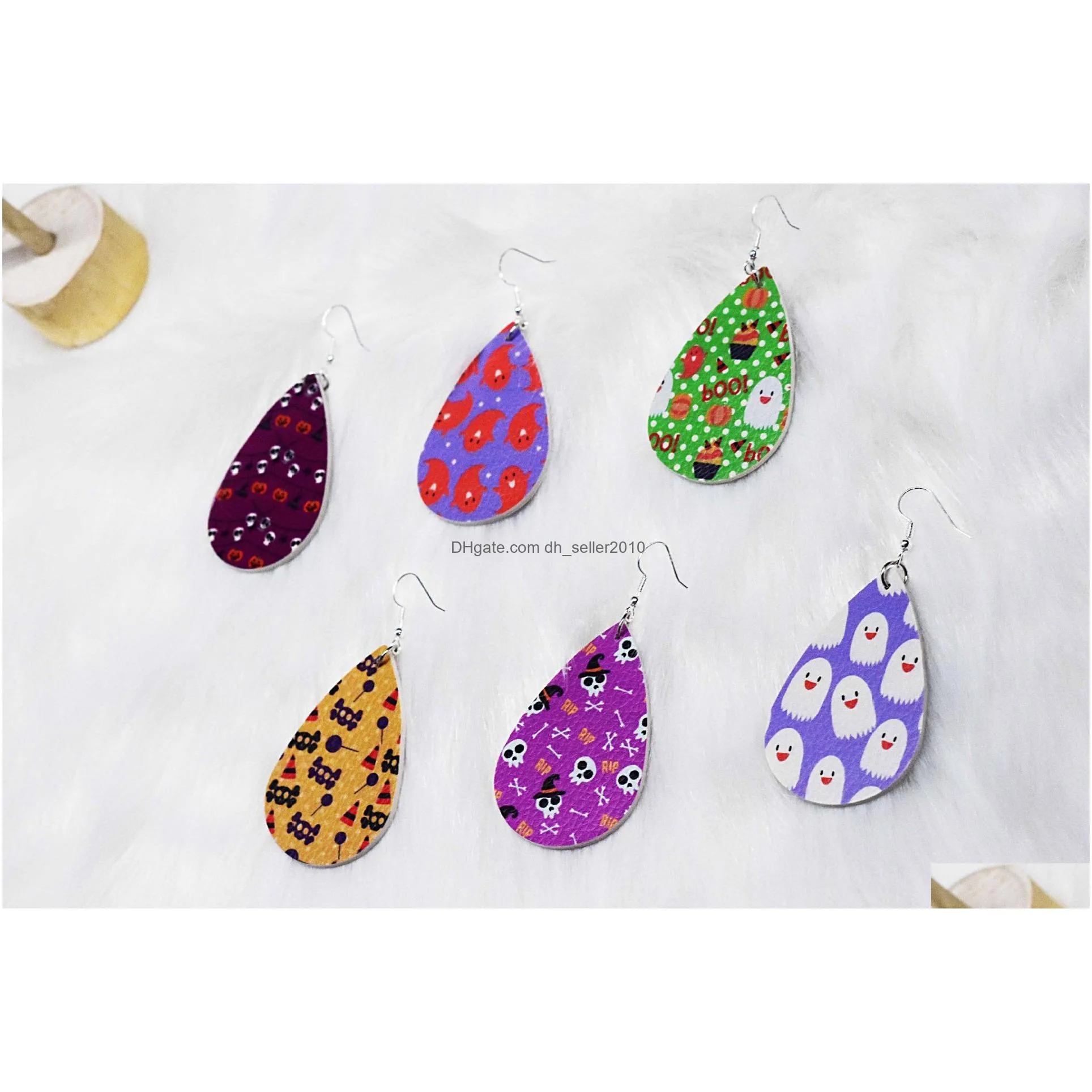 halloween pu leather earrings for women doublesided pattern drop dangle earrings skeleton spider fashion party jewelry