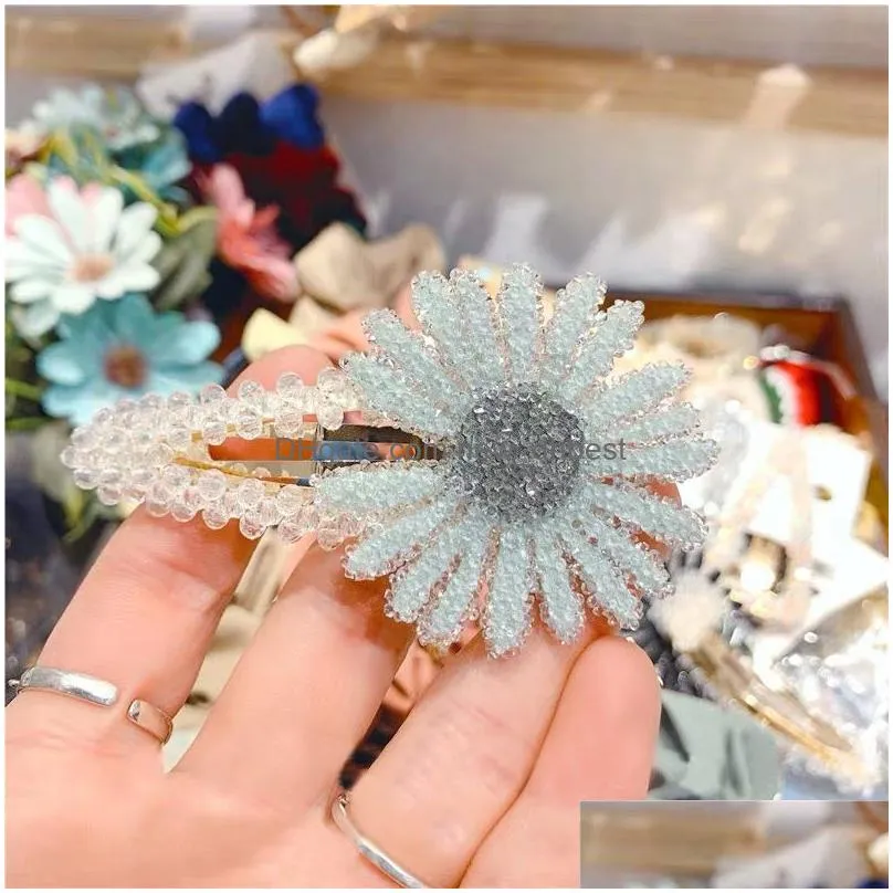 2020 korea small daisy hair clip for girls women water drop shape crystal geometric flower duckbill barrette hairpin hair accessories
