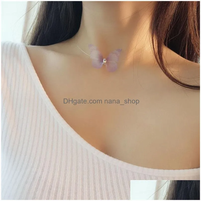 fashion crystal colorful 3d butterfly chokers necklace invisible fish line silk necklaces for elegant women gift wholesale jewelry