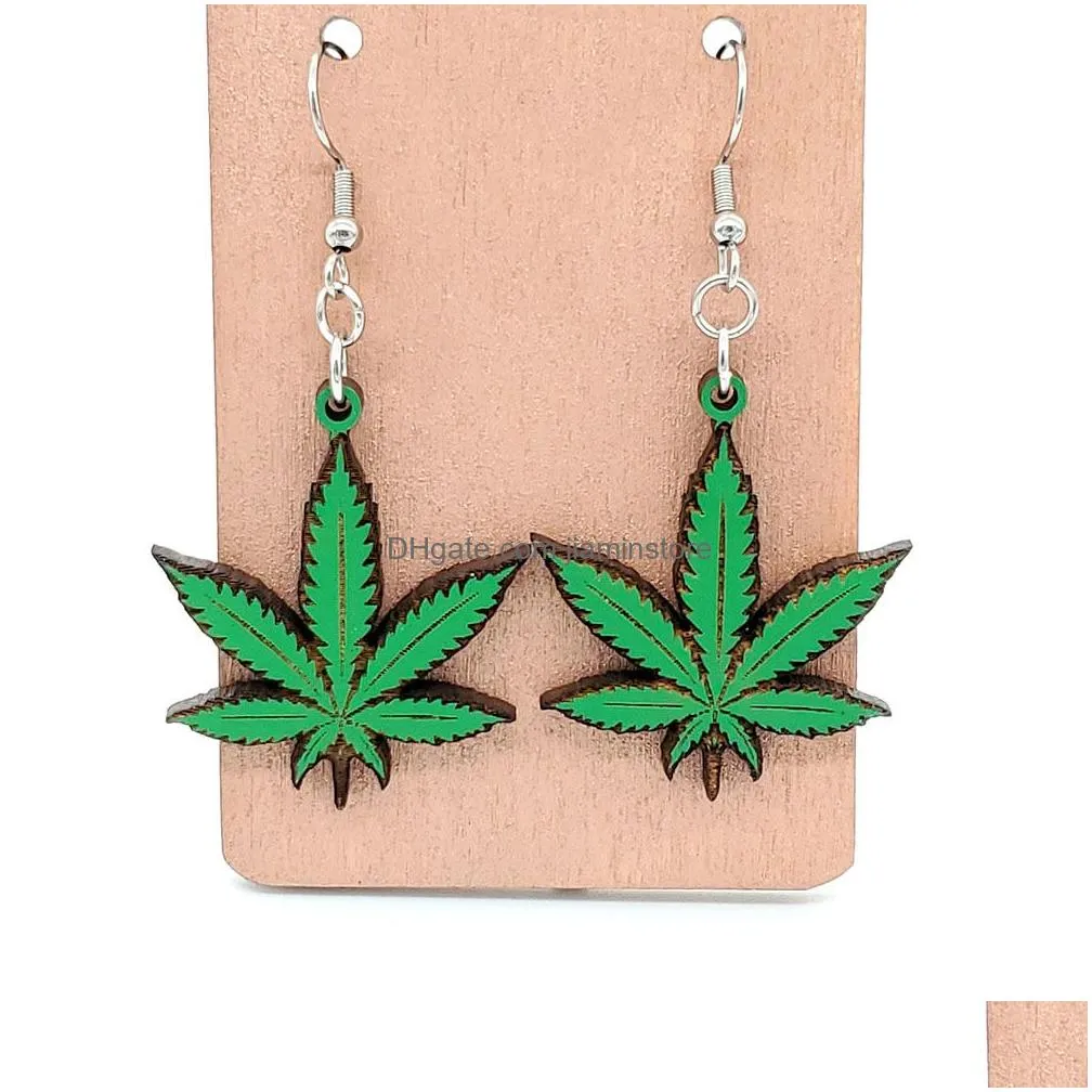 green leaf dangle earrings for girls school season gift wood double sided hanging earring holiday jewelry