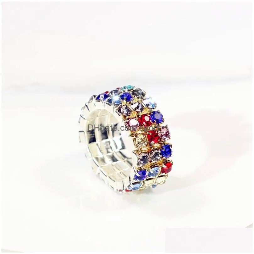 fashion rows colorful crystal rhinestone adjustable rings sparkling shiny 3 rows elastic ring for women bridal wedding jewelry