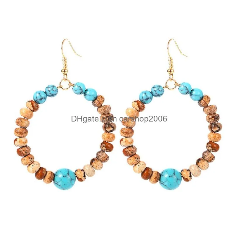 natural stone beads round wrapped hoop earrings for women fashion gold color circle creole earring boho ear jewelry gifts