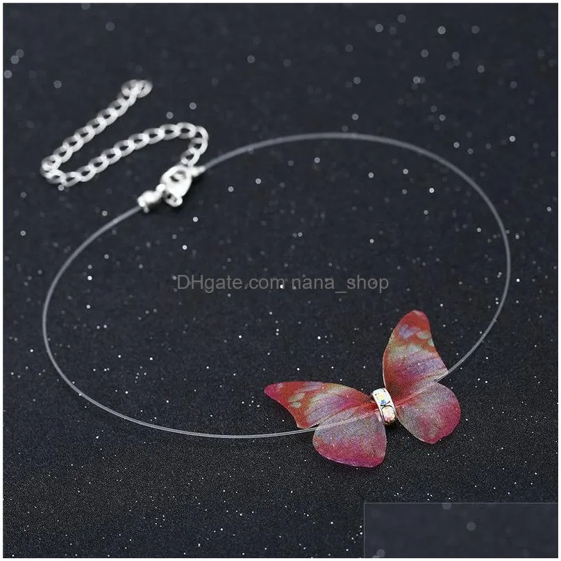 fashion crystal colorful 3d butterfly chokers necklace invisible fish line silk necklaces for elegant women gift wholesale jewelry