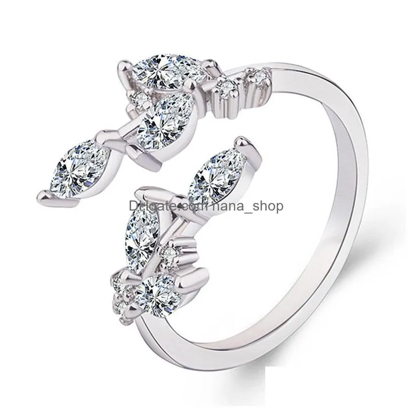 korean zircon leaves adjustable rings gold rose gold color open finger ring wedding rings wholesale for women girls jewelry party