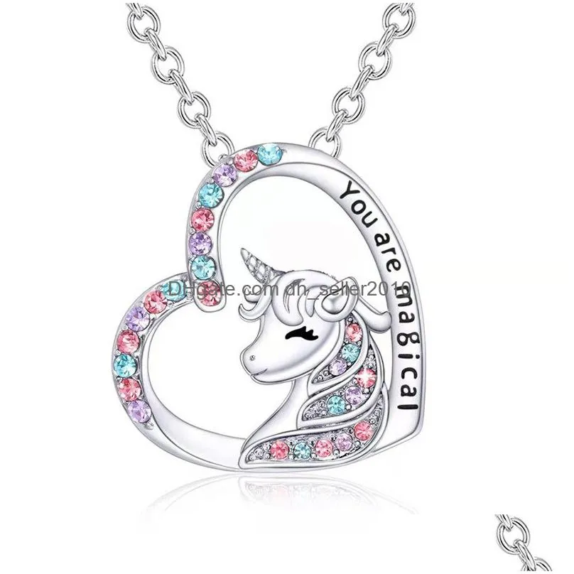 unicorn pendant necklace cute lucky heart crystal birthstone horse necklaces you are magical jewelry birthday gift girls