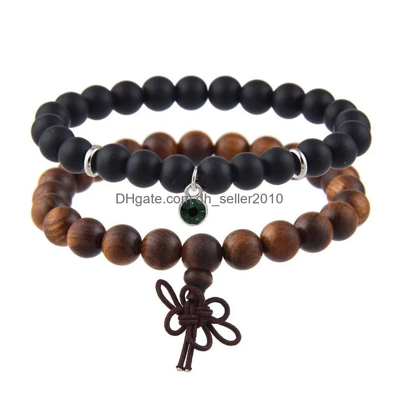 2pcs/set wooden beads bracelet charm birthstone 12 colors crystal pendant stainless steel 8mm black matte stone bracelet for women