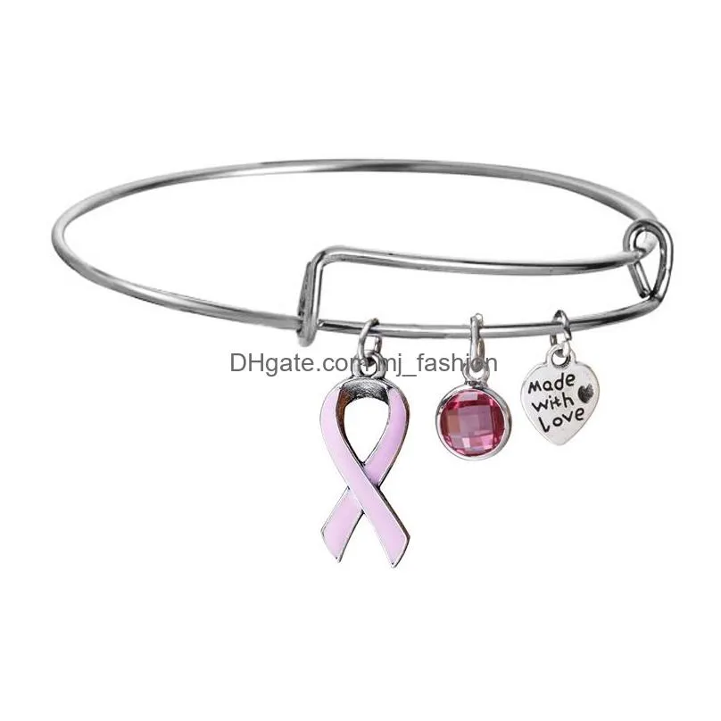 new pink ribbon breast cancer awareness survivor charm bracelet expandable wire bangle bracelet courage hope gift for women wholesale