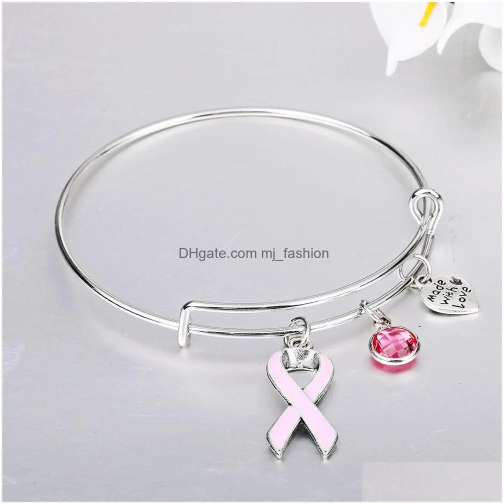 new pink ribbon breast cancer awareness survivor charm bracelet expandable wire bangle bracelet courage hope gift for women wholesale