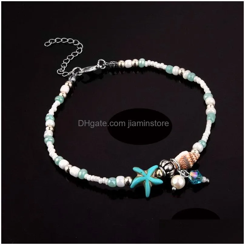 handmade shell pendant anklet beads starfish for women antique silver color vintage barefoot sandal statement bracelet foot chain boho