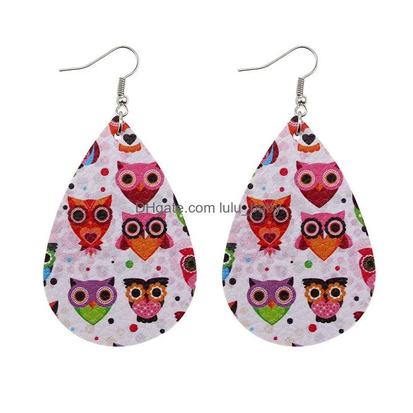  est animal cat dog owl printig pu leather earrings for women leather dangle drop earrings waterdrop earing party designer jewelry