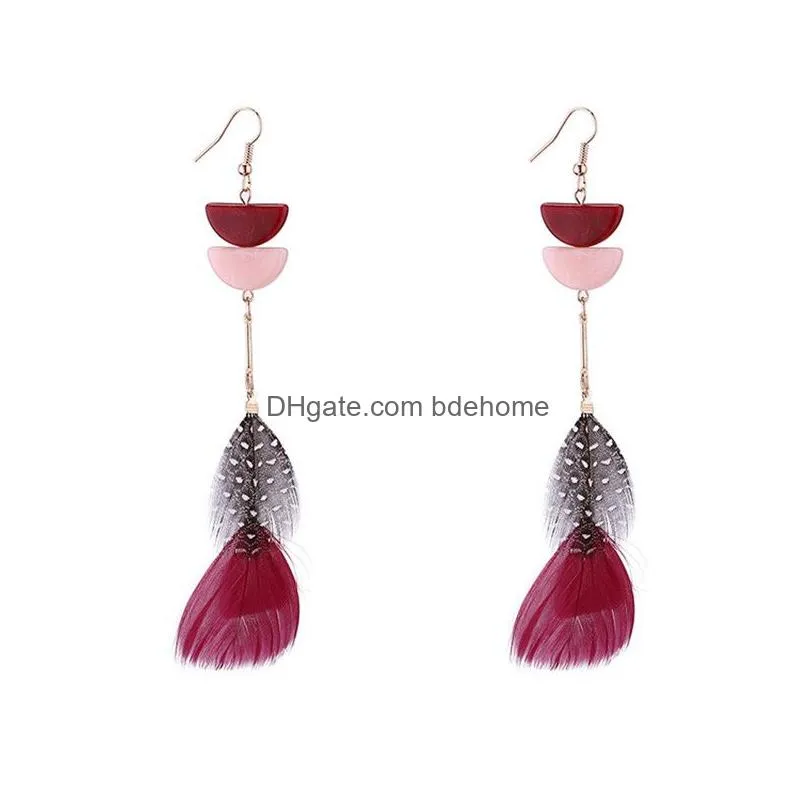 geometry acrylic long feather earrings bohemian colorful feather earring long feather tassel dangle earrings for women 6 colors