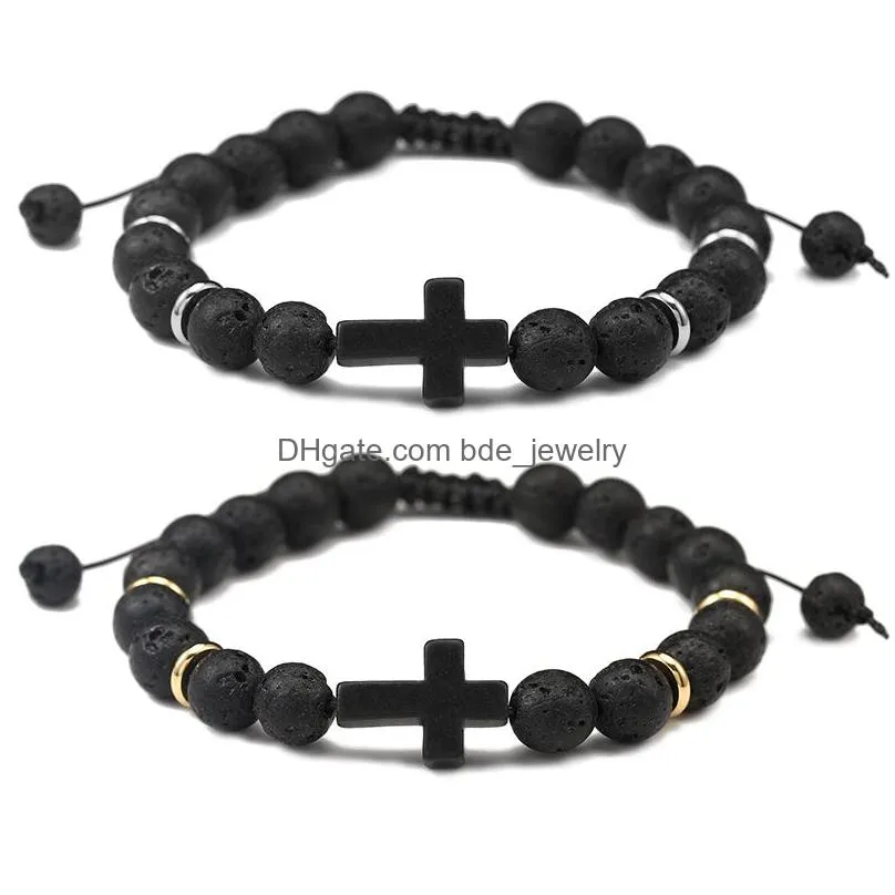 fashion mens natural stone bracelet cross charm bracelets black lava matte beaded bracelets handmade men women prayer fitness chain