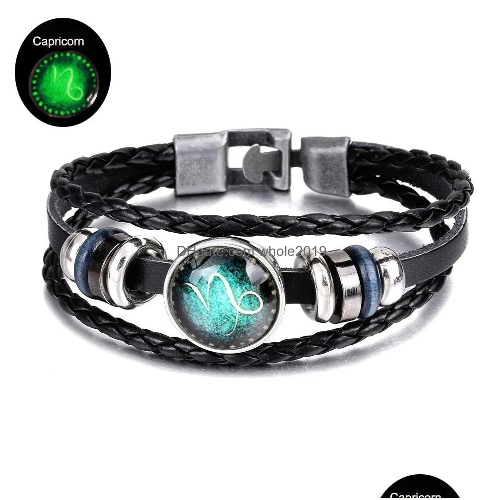 luminous zodiac leather bracelet glowinthedark 12 constellations punk style for men wholesale/dropship