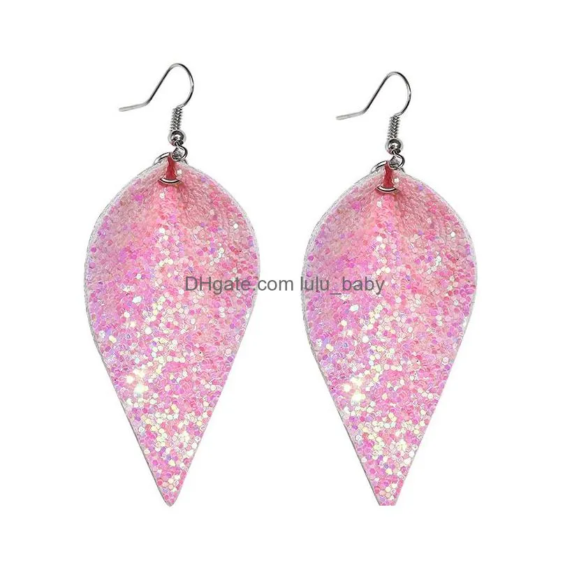 fashion sequins paillette glitter leaf pu leather earrings for women bling earrings brinco ear oval colorful designer jewelry christmas