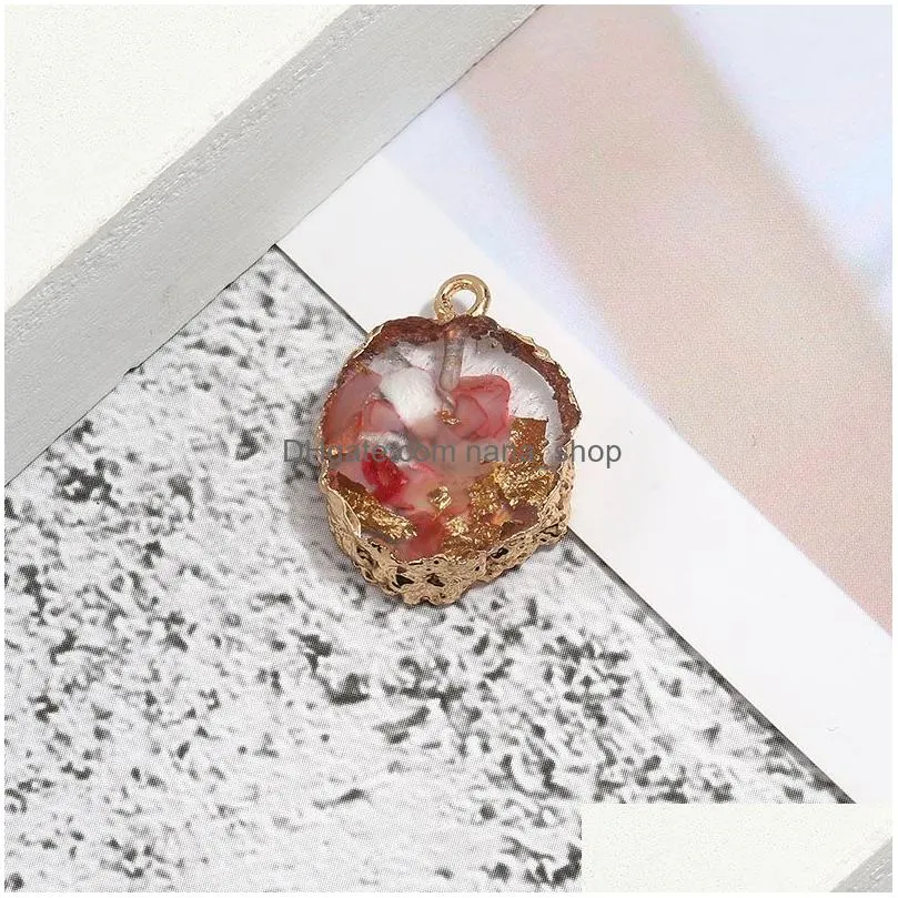 fashion resin round stone pendant charm natural gemstone shell sequins multi color pendant with gold plate diy jewelry making for