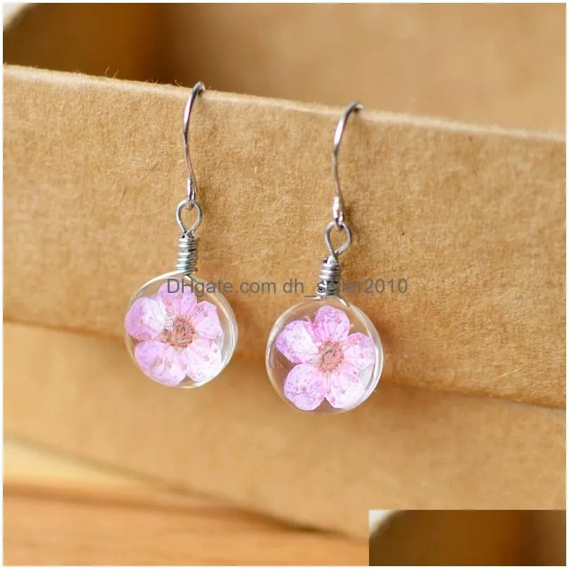 dandelion dried flowers charm earring 6 colors real daffodils flower earrings glass ball pressed dangle earing jewelry gift wholesale