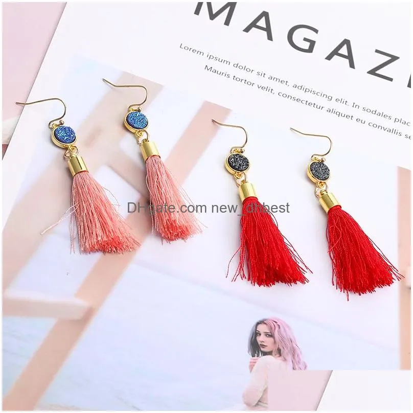 new bohemia ethnic style long tassel earrings for women fashion natural resin stone pendant dangle earring jewelry 6 colors female