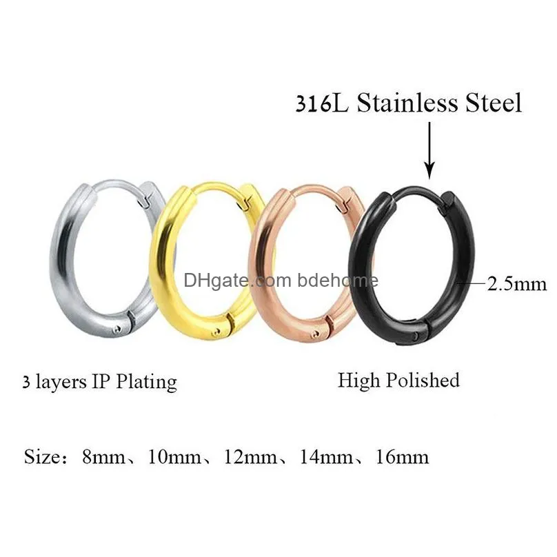 fashion816mm hoop earrings 316l stainless steel 18k gold plated silver rose gold black fashion jewelry round punk huggie earrings for
