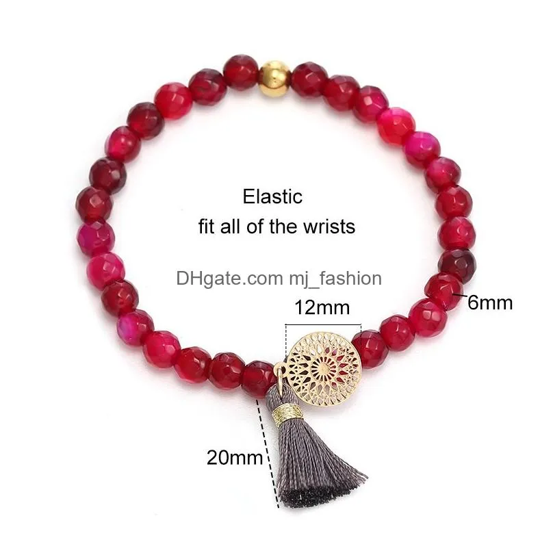 fashion natural agate stone beads tassel charm bracelets boho statement round stainless steel beads bangles bracelets for women jewelry
