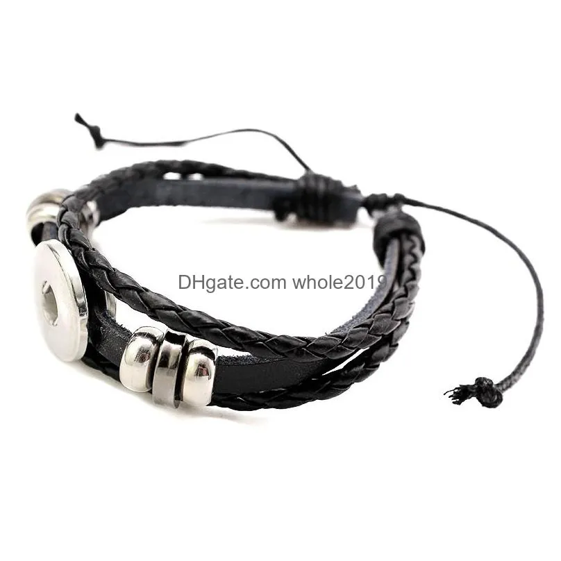 fashion multilayer black leather bracelet fit 5mm metal button adjustable knot beads bracelet diy casual snap button jewelry gifts