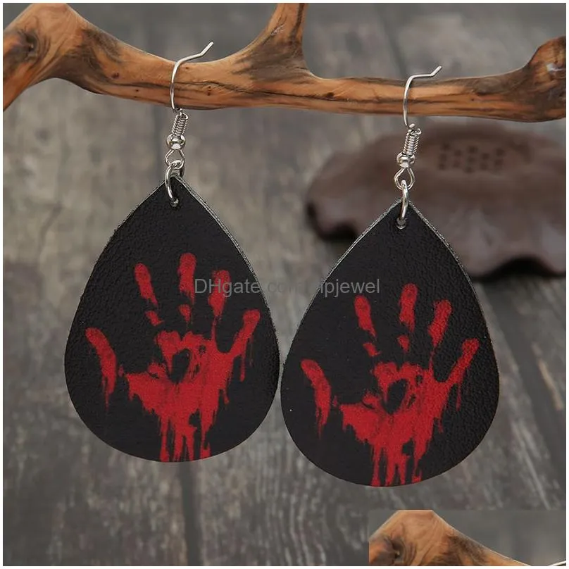 halloween palm earring charm retro hand palm blood drop printed leather earrings for women party jewelry