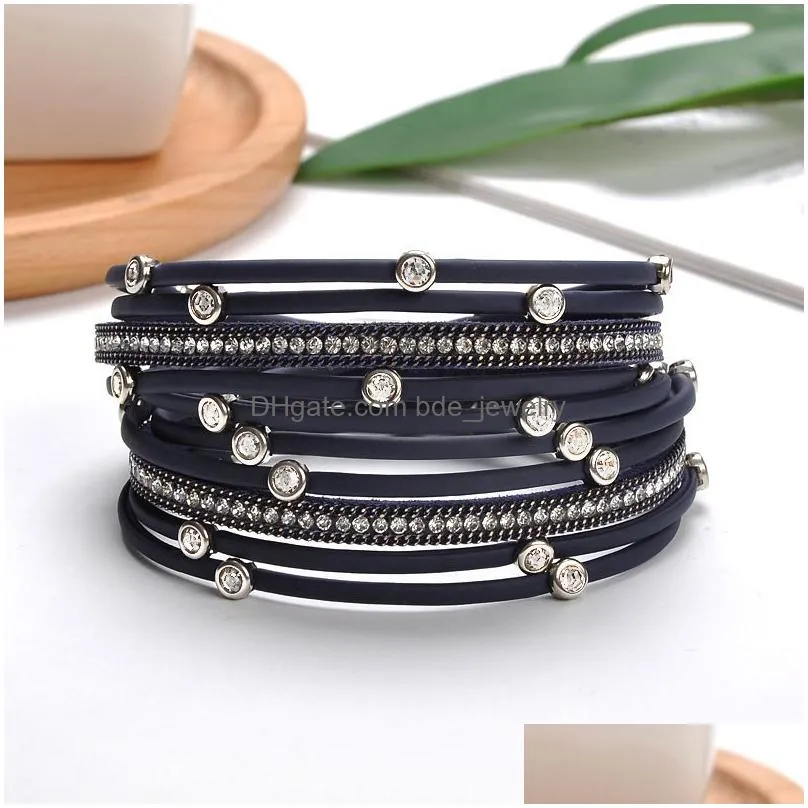 colorful crystal leather bracelet multiple layers charms bracelets magnet buckle bracelet for women men party design jewelry gifts