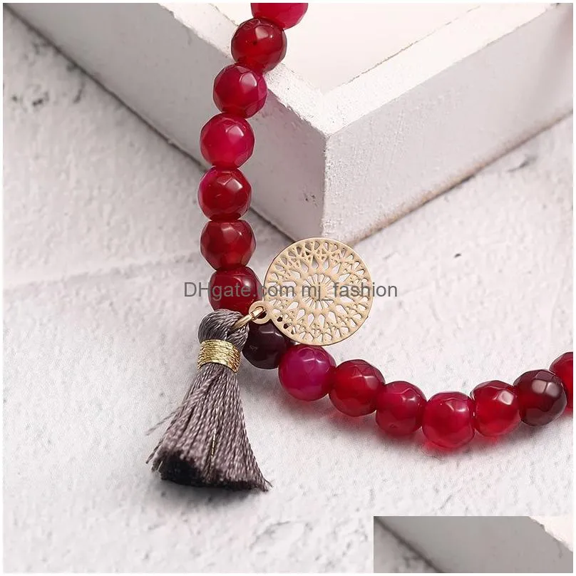 fashion natural agate stone beads tassel charm bracelets boho statement round stainless steel beads bangles bracelets for women jewelry