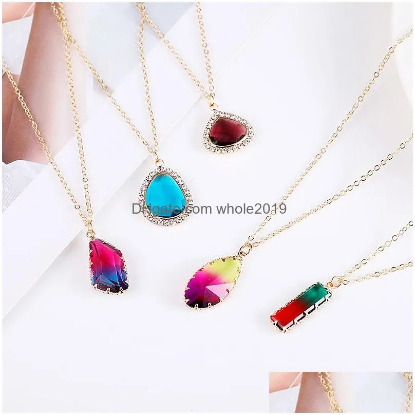 new arrivals crystal pendant chram necklace for women gold chain round multi color irregular geometry glass necklace fashion jewelry