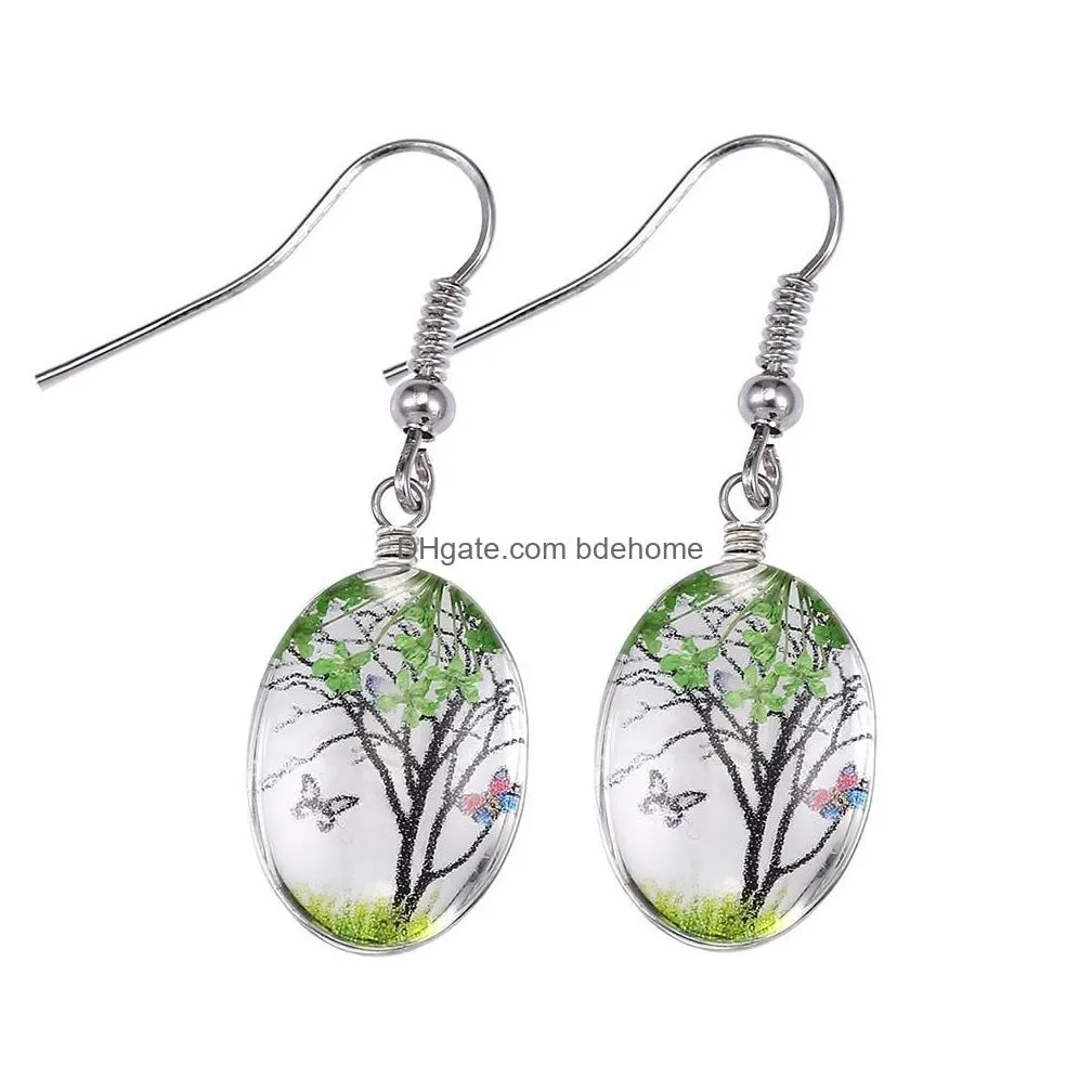 fashion dry flower dangle earring fashion dried flowers earrings glass oval ball tree of life drop earing creative jewelry gift