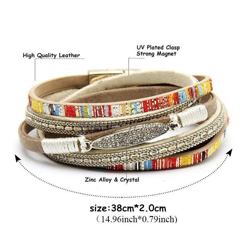 colorful boho leather wrap bracelet with crystal charm inspirational personalized gift for women teens and girls