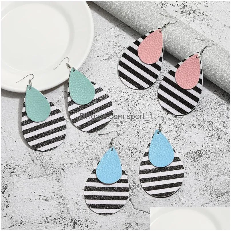 fashion women colorful pu leather earrings black and white stripes waterdrop double layer drop earring designer jewelry christmas gift