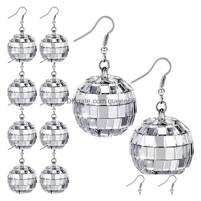 24mm disco ball earring retro 70s party jewelry silver dangle earrings for women