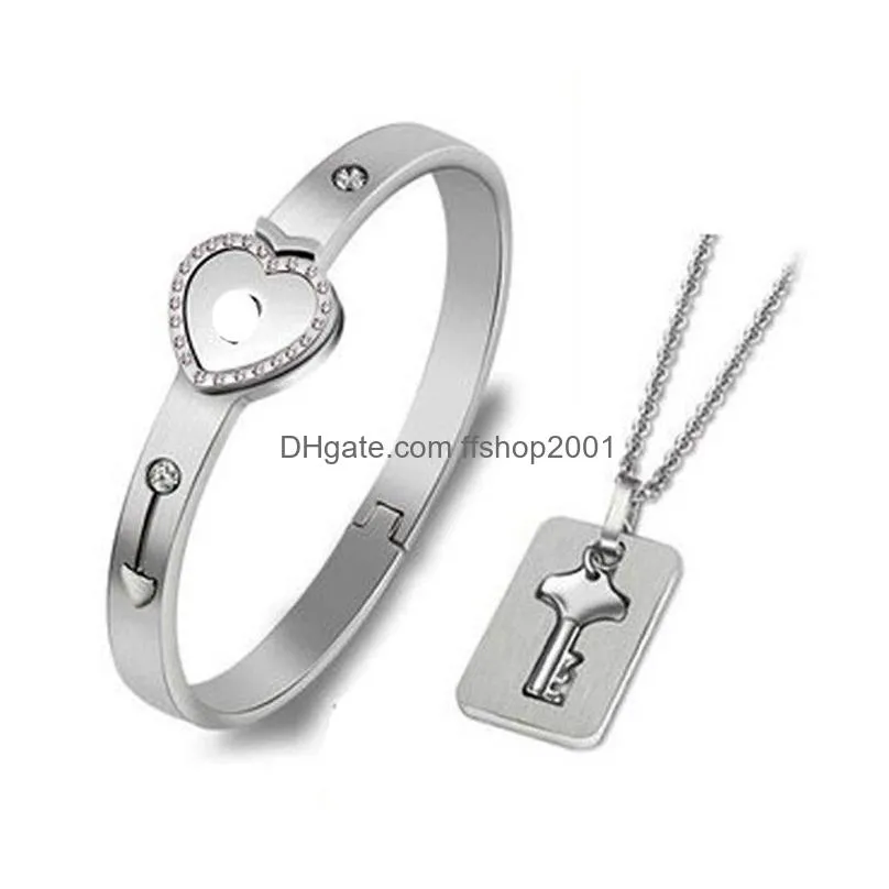 love lock couple jewelry set heart bracelet key necklace stainless steel valentines gift