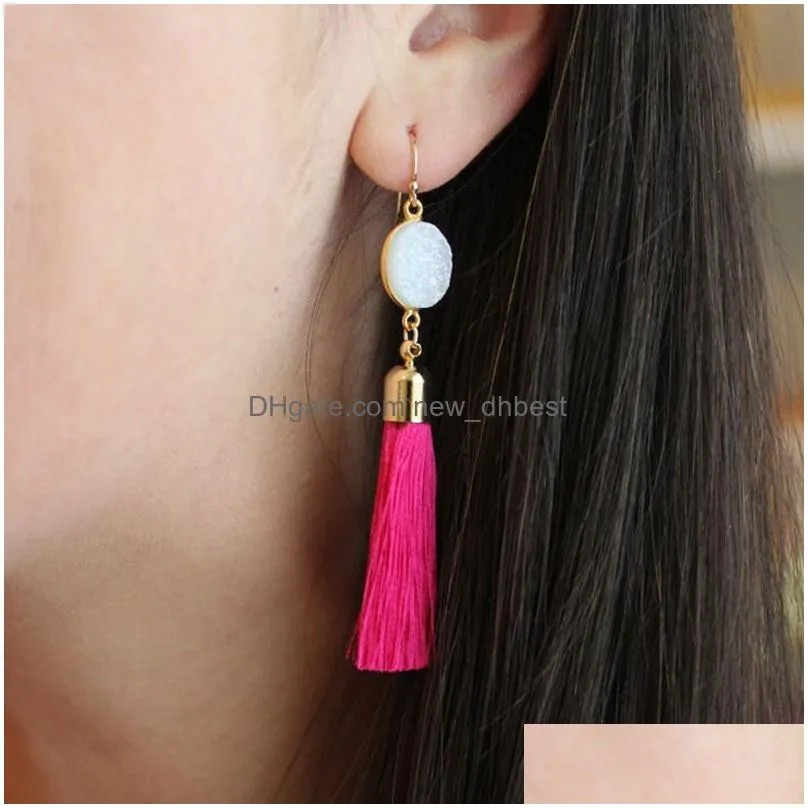 new bohemia ethnic style long tassel earrings for women fashion natural resin stone pendant dangle earring jewelry 6 colors female