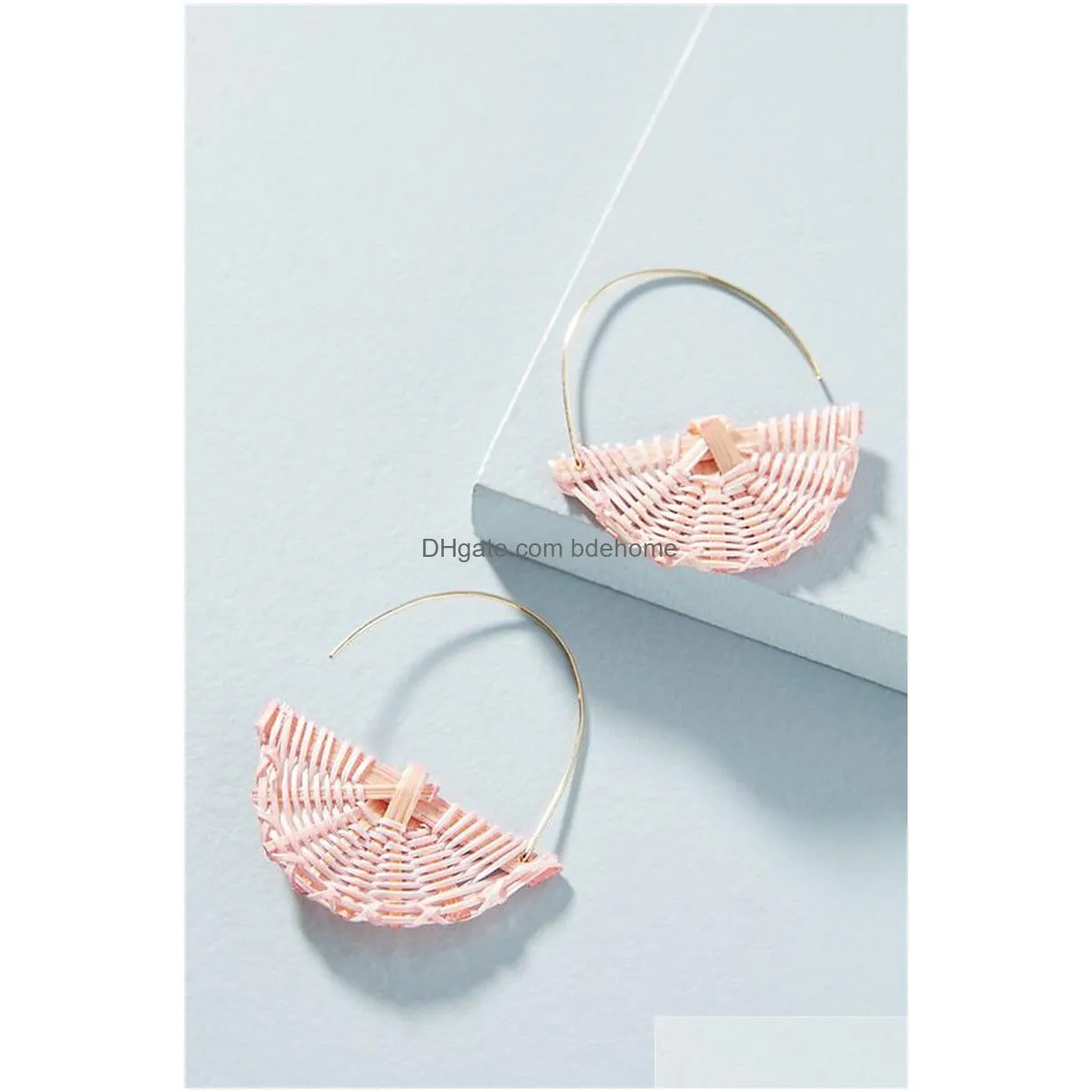 fashion rattan straw drop earrings boho semicircle shape big hook dangle earrings for women design jewelry wedding party gifts