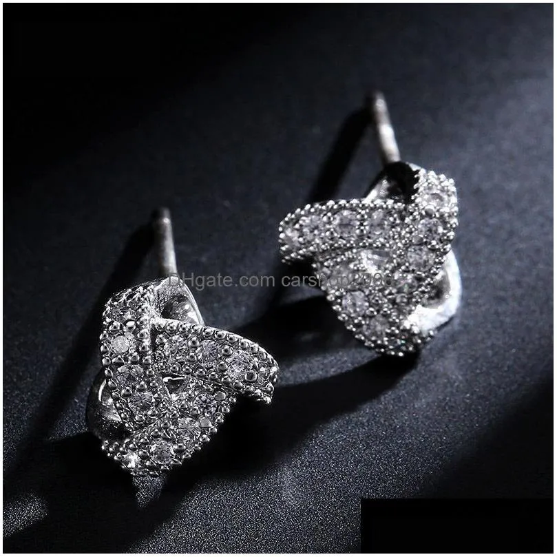 gold plated cubic zirconia knot stud earrings hypoallergenic bridal jewelry for women girls