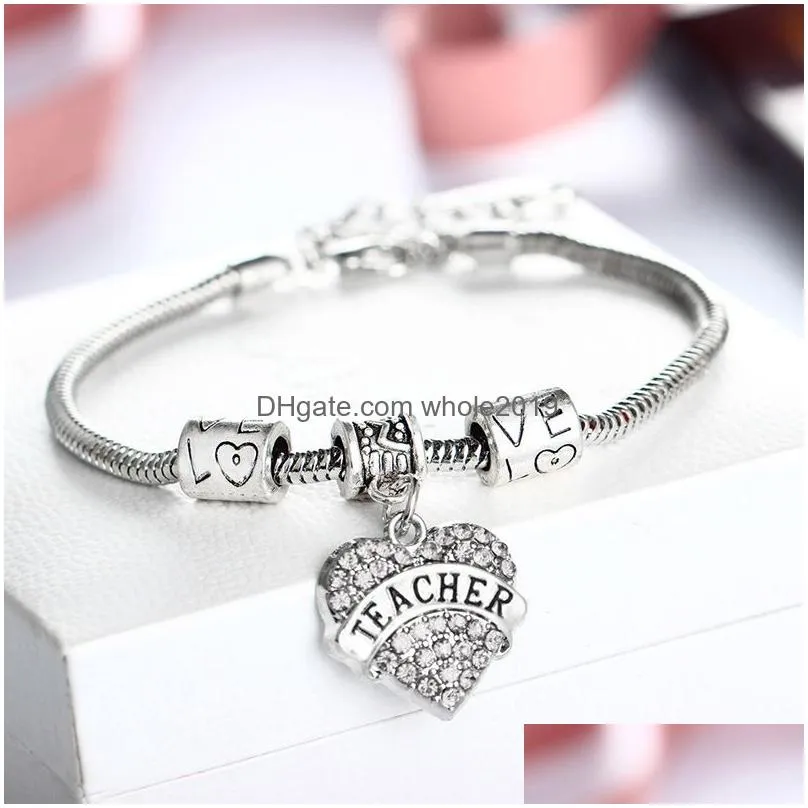 new fashion jewelry pink white blue crystal heart teacher charm bracelet snake chain love beads bracelet teachers day gifts