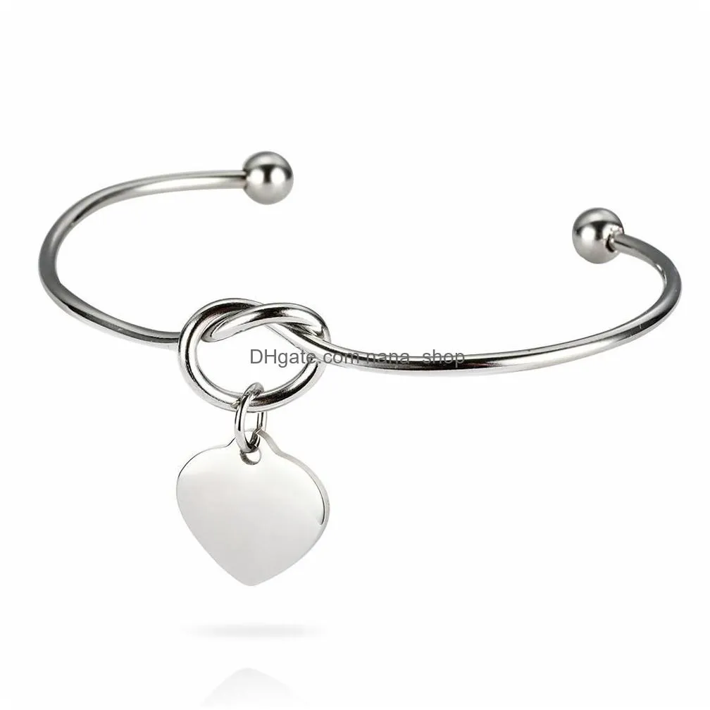 new stainless steel knot bracelets bangles high polished heart charm bracelet love bangles can engrave name diy jewelry for women