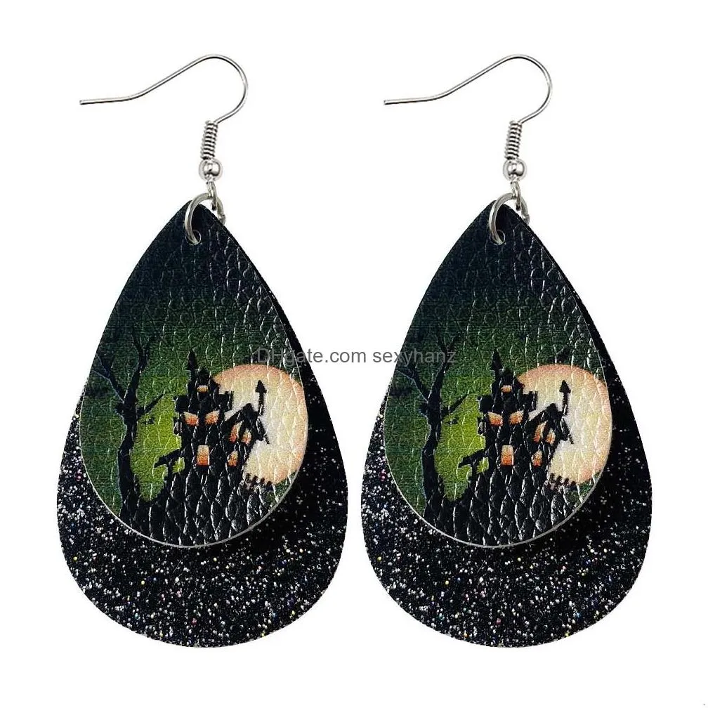  halloween skull leather earrings for women pumpkin print drop dangle earring wholesale jewelry