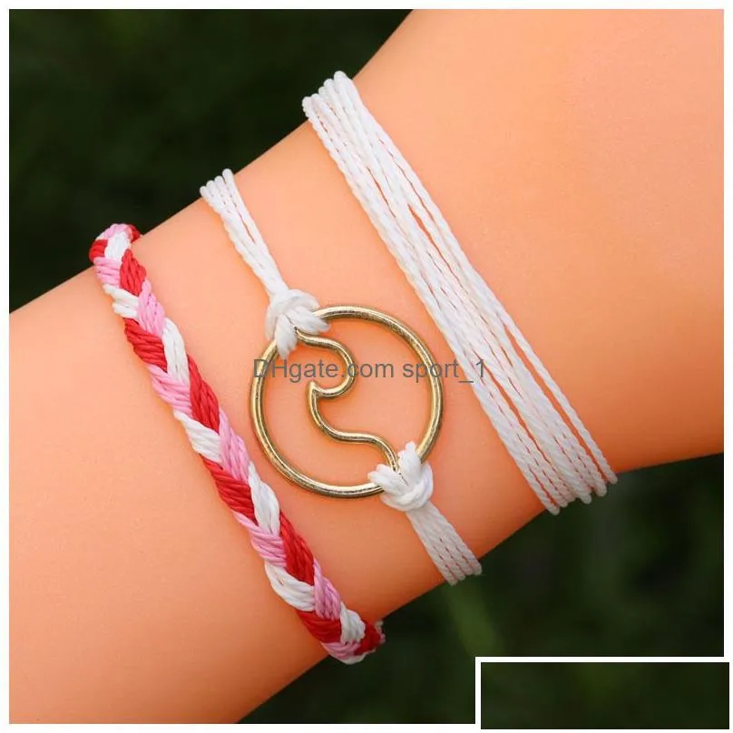  3pcs/set waterproof wax rope handmade woven bracelet for woman men lover fashion colorful braided rope wave shape charm bracelet