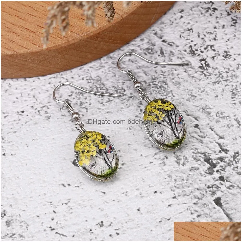 fashion dry flower dangle earring fashion dried flowers earrings glass oval ball tree of life drop earing creative jewelry gift