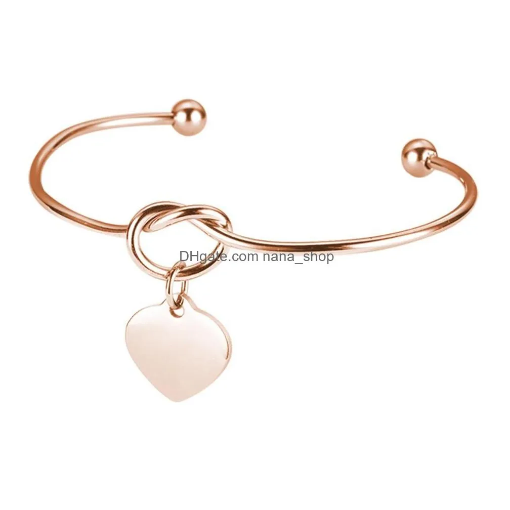 new stainless steel knot bracelets bangles high polished heart charm bracelet love bangles can engrave name diy jewelry for women