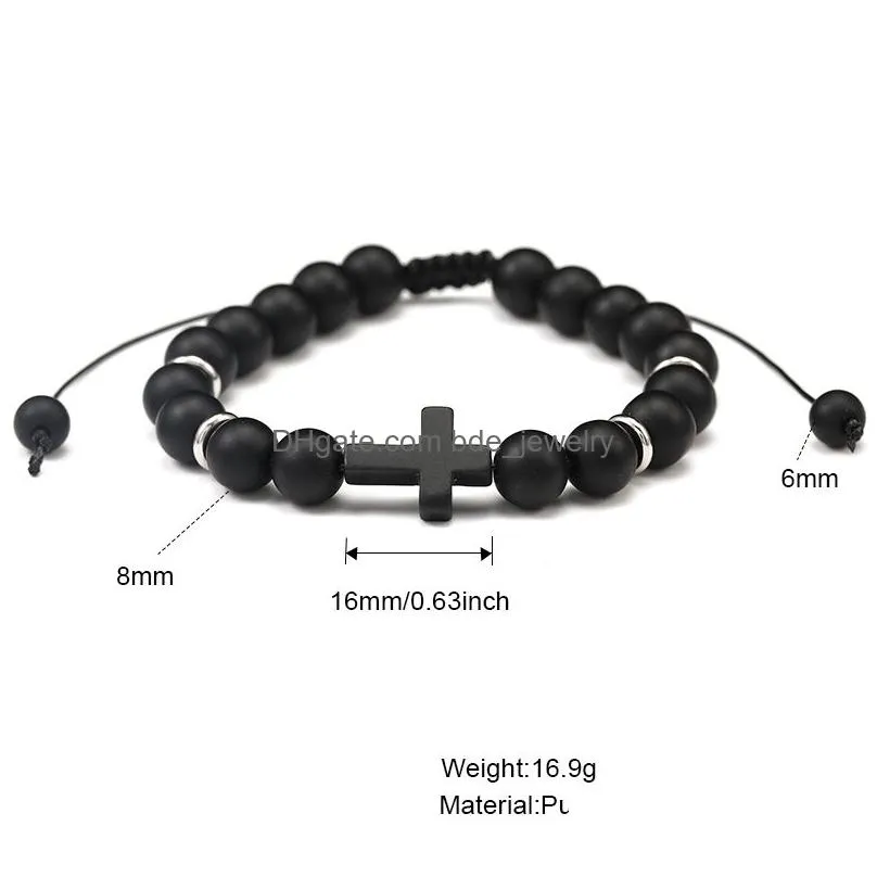 fashion mens natural stone bracelet cross charm bracelets black lava matte beaded bracelets handmade men women prayer fitness chain